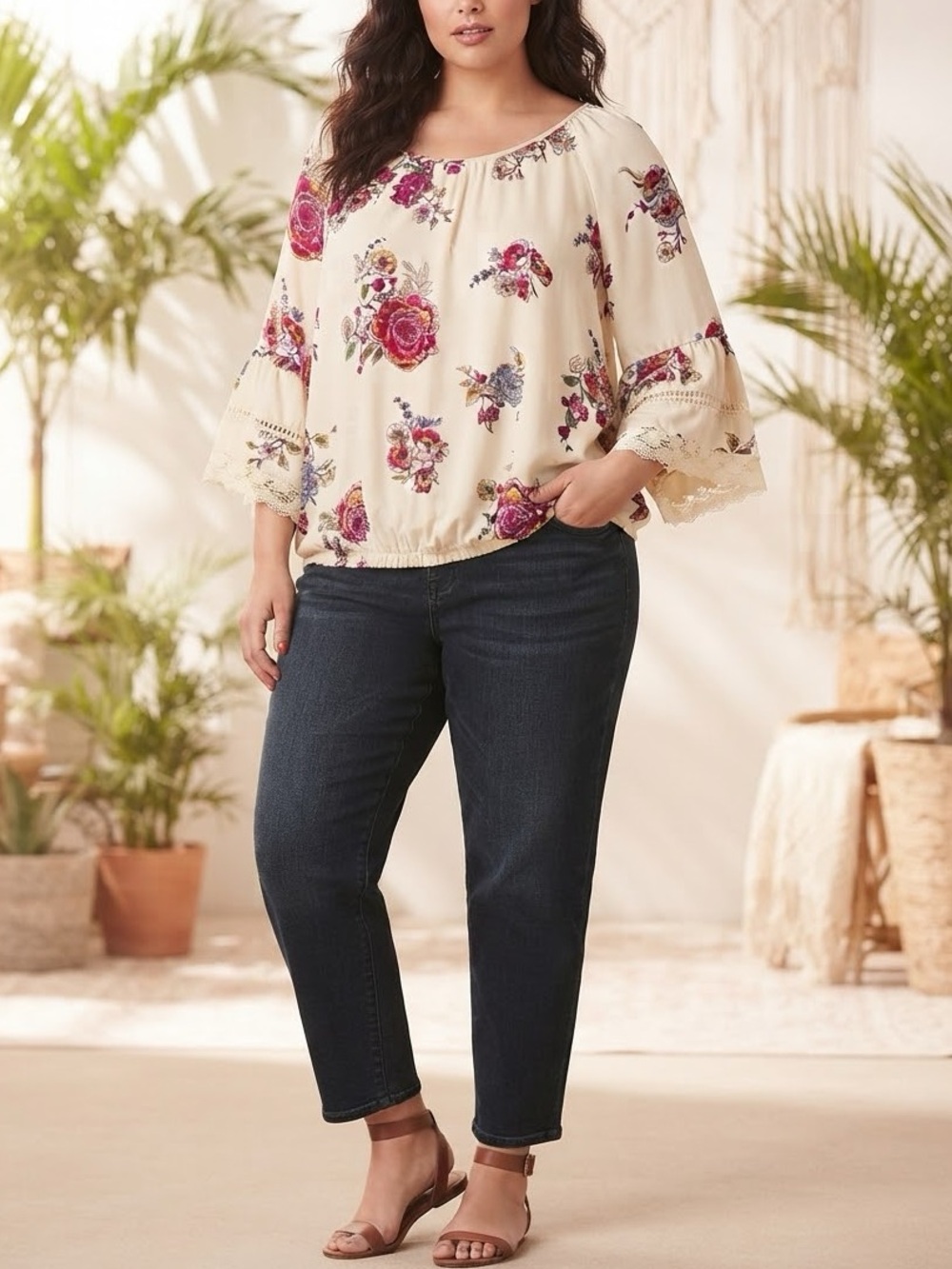 Eyeshadow 2X Cream Floral Boho Chic Bell Sleeve Blouse